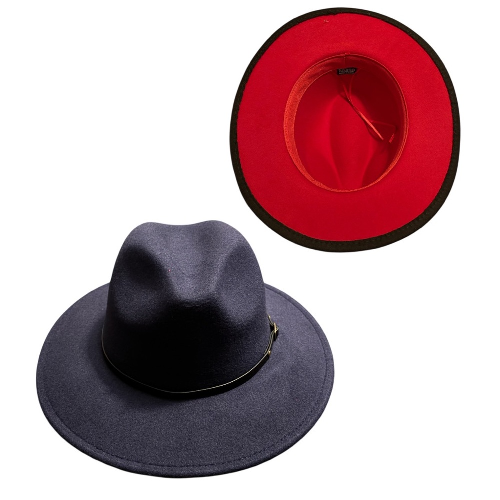 Navy Blue Fedora Hat w/ Red Lining